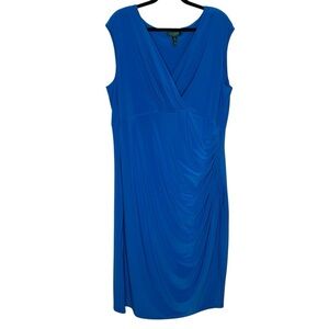 Lauren Ralph Lauren Blue Jersey Knit Faux Wrap Dress Ruched Size 20